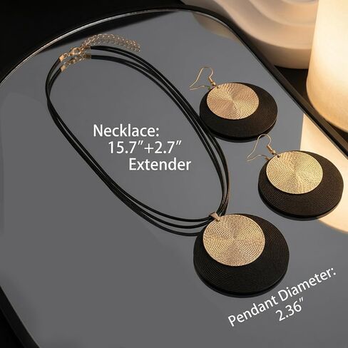 2Pcs Black And Gold Jewelry Sets - Stunning Boho Disc Pendant Necklace. Outstanding Large Circle Medallion Earrings Featuring Chunky Statement Drops, Vintage Round Ornaments in Saudi Arabia