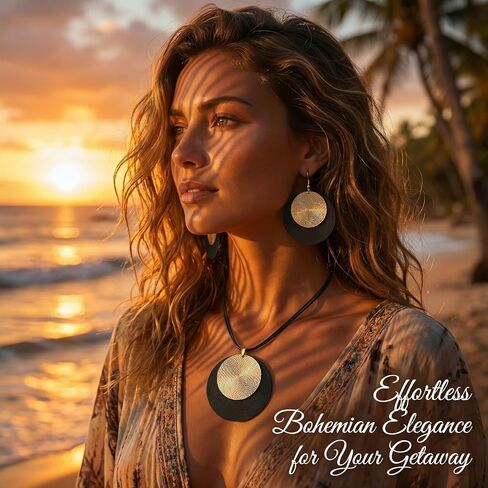 2Pcs Black And Gold Jewelry Sets - Stunning Boho Disc Pendant Necklace. Outstanding Large Circle Medallion Earrings Featuring Chunky Statement Drops, Vintage Round Ornaments in Saudi Arabia