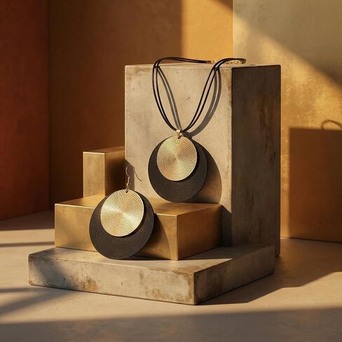 2Pcs Black And Gold Jewelry Sets - Stunning Boho Disc Pendant Necklace. Outstanding Large Circle Medallion Earrings Featuring Chunky Statement Drops, Vintage Round Ornaments in Saudi Arabia