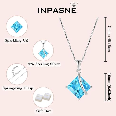 Square Princess Cut Necklace and Earrings Set 925 Sterling Silver Solitaire Aquamarine Jewelry Set for Women March Birthstone Jewelry for Mom Wife in Kuwait