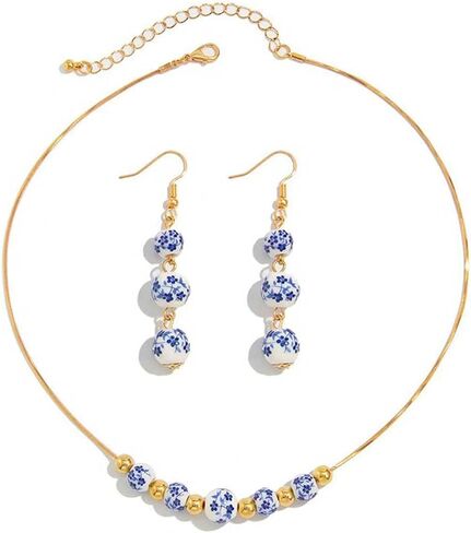 Ceramic Bead Necklace Earrings Set for Women Blue White Porcelain Ball Necklace Blue Floral Pattern Jewelry Set Minimalism Chinese Earrings Sets Jewelry Gift in Kuwait