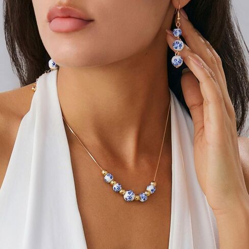Ceramic Bead Necklace Earrings Set for Women Blue White Porcelain Ball Necklace Blue Floral Pattern Jewelry Set Minimalism Chinese Earrings Sets Jewelry Gift in Kuwait