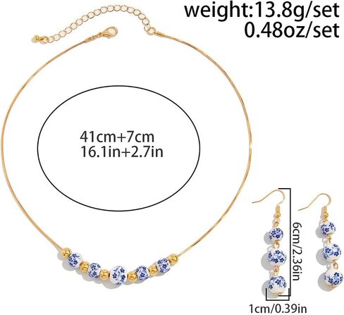Ceramic Bead Necklace Earrings Set for Women Blue White Porcelain Ball Necklace Blue Floral Pattern Jewelry Set Minimalism Chinese Earrings Sets Jewelry Gift in Kuwait