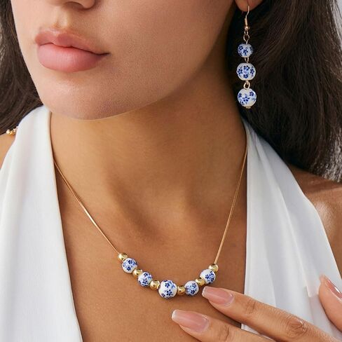 Ceramic Bead Necklace Earrings Set for Women Blue White Porcelain Ball Necklace Blue Floral Pattern Jewelry Set Minimalism Chinese Earrings Sets Jewelry Gift in Kuwait
