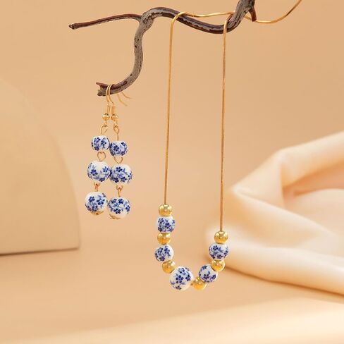 Ceramic Bead Necklace Earrings Set for Women Blue White Porcelain Ball Necklace Blue Floral Pattern Jewelry Set Minimalism Chinese Earrings Sets Jewelry Gift in Kuwait