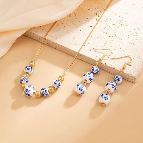 Ceramic Bead Necklace Earrings Set for Women Blue White Porcelain Ball Necklace Blue Floral Pattern Jewelry Set Minimalism Chinese Earrings Sets Jewelry Gift in Kuwait