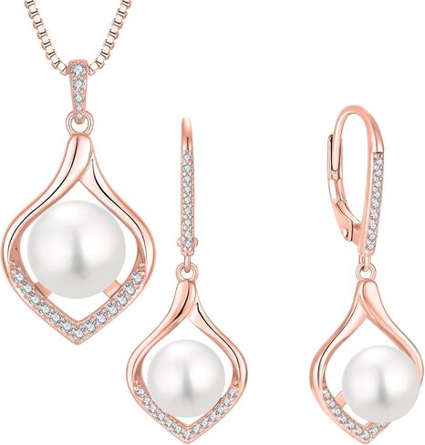Pearl Jewelry Set for Women June Birthstone Earrings & Necklace 18K Rose Gold Plated Silver Jewelry for Her in Kuwait