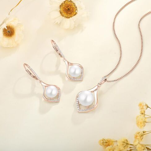 Pearl Jewelry Set for Women June Birthstone Earrings & Necklace 18K Rose Gold Plated Silver Jewelry for Her in Kuwait