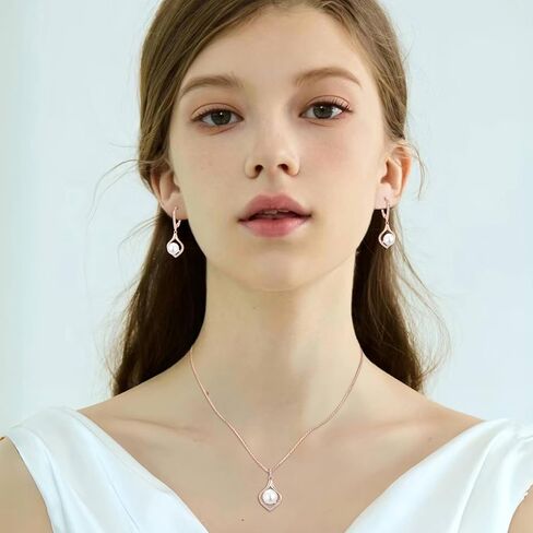 Pearl Jewelry Set for Women June Birthstone Earrings & Necklace 18K Rose Gold Plated Silver Jewelry for Her in Kuwait