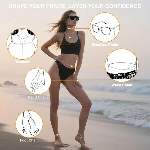 18K Gold Body Chain Jewelry Set: Necklace Bracelet Waist Chain & Anklet for Women, Beach Vacation Accessories, Adjustable for Women in Saudi Arabia