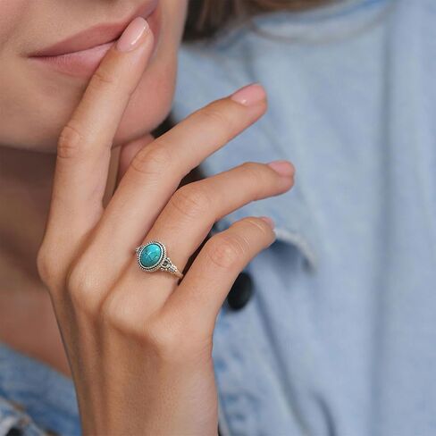 9x7mm Genuine Turquoise Rings for Women 925 Sterling Silver Native American Style Southwest Vintage Ring Jewelry for Her Wife Mom in Kuwait