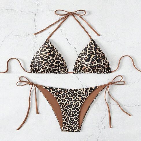 Women's Leopard Print Bikini Sets Halter Triangle Tie Side Two Piece Swimsuit Bathing Suits in Kuwait