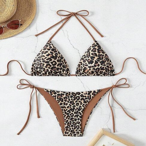 Women's Leopard Print Bikini Sets Halter Triangle Tie Side Two Piece Swimsuit Bathing Suits in Kuwait