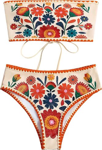 WDIRARA Women's Tropical Colorful Floral 2 Piece Swimsuit Bandeau Bikini Set Strapless Bathing Suit in Kuwait