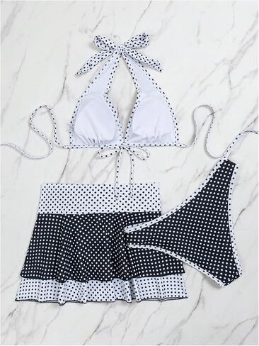 بدلة استحمام نسائية من MakeMeChic مكونة من 3 قطع منقطة ورسن بدون ظهر طقم بيكيني تنورة لتغطية التنورة in Kuwait