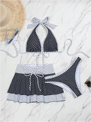 بدلة استحمام نسائية من MakeMeChic مكونة من 3 قطع منقطة ورسن بدون ظهر طقم بيكيني تنورة لتغطية التنورة in Kuwait