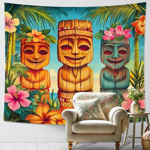 Tropical Tapestry with Tiki Statues, Colorful Floral Wall Hanging for Summer Décor, Bohemian Style Room Decoration for Living Room, Bedroom, Dorm, Functional Wall Art 80x60 Inch in Kuwait