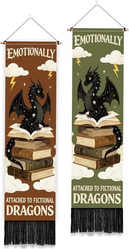 PLIGREAT 2 Pack Book Dragon Pattern Wall Tapestry, Fantasy Reading Dragon Long Vertical Tapestry Aesthetic Wall Hanging with Tassels for Bedroom Living Room Book Lover Library Home Art Decor in Kuwait