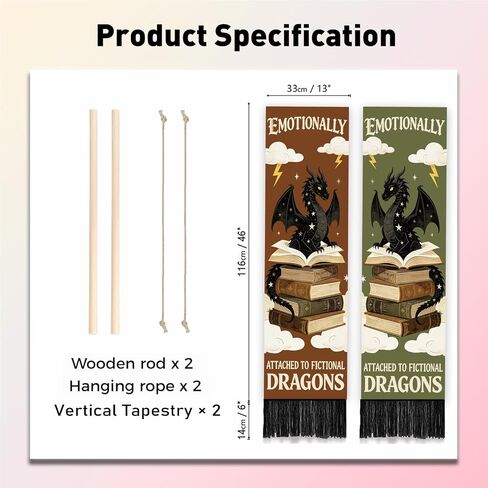 PLIGREAT 2 Pack Book Dragon Pattern Wall Tapestry, Fantasy Reading Dragon Long Vertical Tapestry Aesthetic Wall Hanging with Tassels for Bedroom Living Room Book Lover Library Home Art Decor in Kuwait