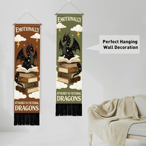 PLIGREAT 2 Pack Book Dragon Pattern Wall Tapestry, Fantasy Reading Dragon Long Vertical Tapestry Aesthetic Wall Hanging with Tassels for Bedroom Living Room Book Lover Library Home Art Decor in Kuwait