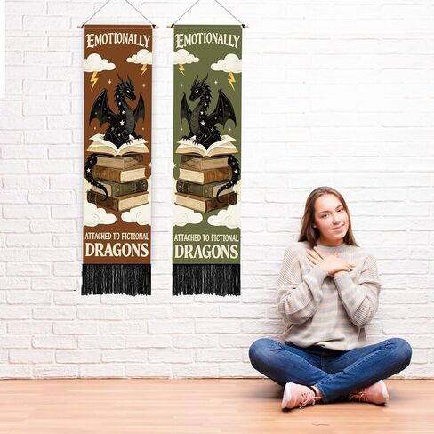 PLIGREAT 2 Pack Book Dragon Pattern Wall Tapestry, Fantasy Reading Dragon Long Vertical Tapestry Aesthetic Wall Hanging with Tassels for Bedroom Living Room Book Lover Library Home Art Decor in Kuwait