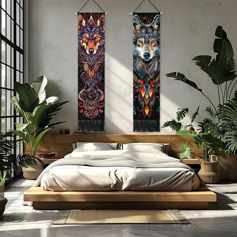 Umootek 2Pcs Dog Long Tapestry Wall Hanging for Men Boys Bedroom Poster Hanger Wooden Frame for Living Room Wall Decor Aesthetic Art Patterned for Bedroom, Living room, Sitting Room Decor(12.8x51 in) in Saudi Arabia