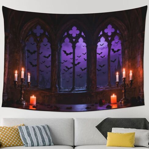 Hwsuiairt Spooky Gothic Window Halloween Tapestry - Purple Night Sky with Flying Bats, Candelabras, Candles & Rose Petals, Haunted Castle Wall Art for Bedroom, Dorm, Living Room - 90x60 inches in Saudi Arabia