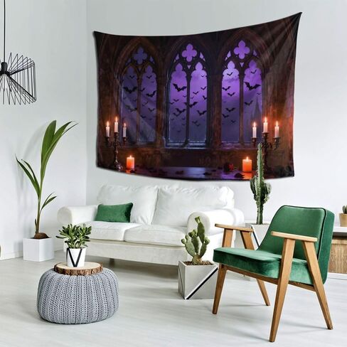 Hwsuiairt Spooky Gothic Window Halloween Tapestry - Purple Night Sky with Flying Bats, Candelabras, Candles & Rose Petals, Haunted Castle Wall Art for Bedroom, Dorm, Living Room - 90x60 inches in Saudi Arabia
