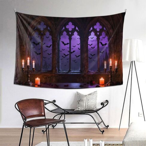 Hwsuiairt Spooky Gothic Window Halloween Tapestry - Purple Night Sky with Flying Bats, Candelabras, Candles & Rose Petals, Haunted Castle Wall Art for Bedroom, Dorm, Living Room - 90x60 inches in Saudi Arabia
