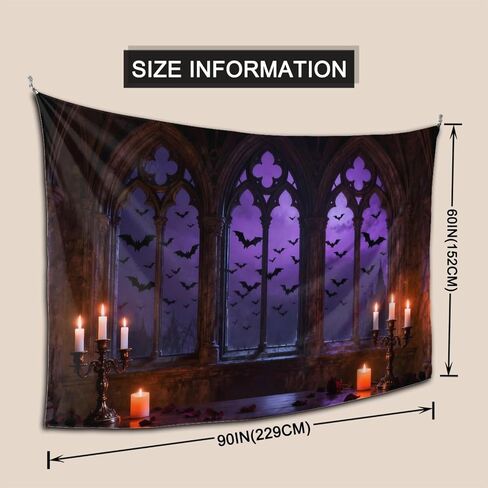 Hwsuiairt Spooky Gothic Window Halloween Tapestry - Purple Night Sky with Flying Bats, Candelabras, Candles & Rose Petals, Haunted Castle Wall Art for Bedroom, Dorm, Living Room - 90x60 inches in Saudi Arabia
