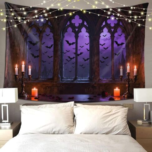 Hwsuiairt Spooky Gothic Window Halloween Tapestry - Purple Night Sky with Flying Bats, Candelabras, Candles & Rose Petals, Haunted Castle Wall Art for Bedroom, Dorm, Living Room - 90x60 inches in Saudi Arabia