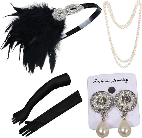 1920s Flapper Accessories Sets Roaring 20s Gatsby Costume Accessories Set for Women (Black feather) in Saudi Arabia