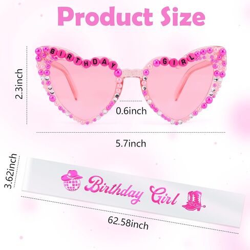 CUBACO Birthday Girl Sunglasses and Sash, Birthday Decorations for Women, Cowgirl Western Pink Disco Party Decorations Cowgirl Accessories for Women Gifts for Girls in Saudi Arabia