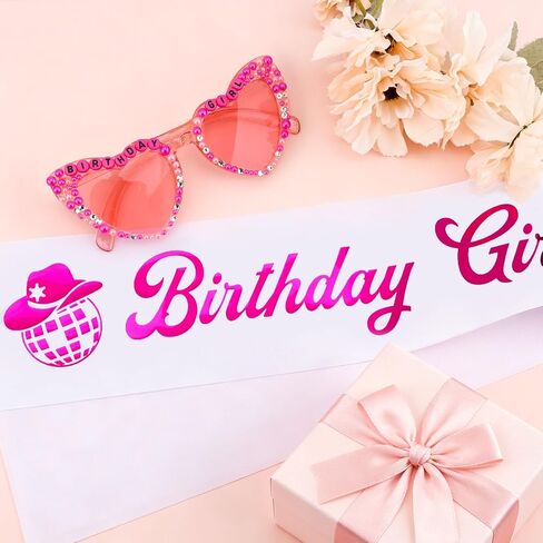 CUBACO Birthday Girl Sunglasses and Sash, Birthday Decorations for Women, Cowgirl Western Pink Disco Party Decorations Cowgirl Accessories for Women Gifts for Girls in Saudi Arabia