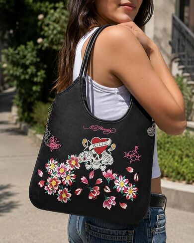 ED HARDY Love Kills Slowly Tote Bag for Women, Floral Skull Shoulder Purse with Charm Accent, 14x13 in (Midnight Cherry Blossom) in Saudi Arabia
