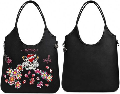 ED HARDY Love Kills Slowly Tote Bag for Women, Floral Skull Shoulder Purse with Charm Accent, 14x13 in (Midnight Cherry Blossom) in Saudi Arabia
