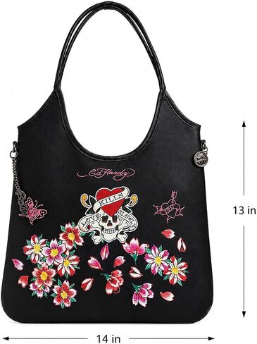 ED HARDY Love Kills Slowly Tote Bag for Women, Floral Skull Shoulder Purse with Charm Accent, 14x13 in (Midnight Cherry Blossom) in Saudi Arabia