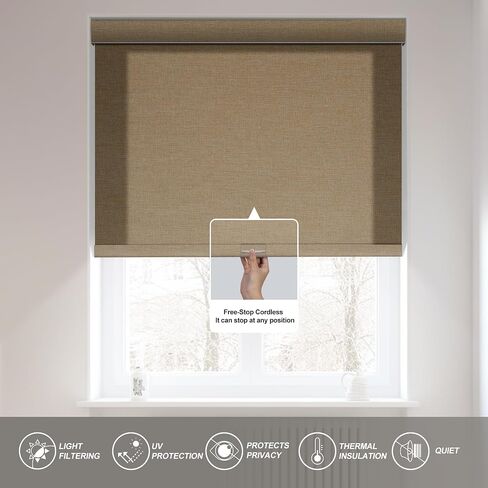 Boolegon Light Filtering Roller Shades for Indoor Windows, Pull Down Roller Blinds Cordless, Linen Fabric, Thermal Insulated UV Protection Shades for Home Bedroom Office Door, Beige, Custom Size in Saudi Arabia