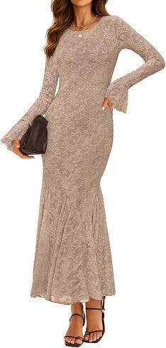 ZESICA Women's Long Sleeve Bodycon Maxi Dress 2026 Fall Fashion Floral Sexy Mermaid Wedding Guest Cocktail Party Dresses in Kuwait