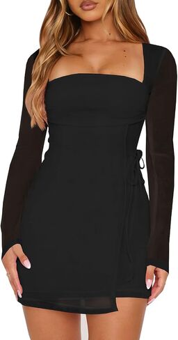 Women's Long Sleeve Mini Mesh Dress Square Neck Club Party Short Dresses in Saudi Arabia
