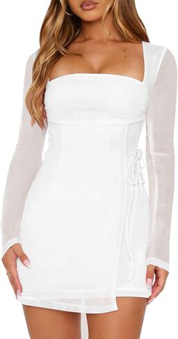 Women's Long Sleeve Mini Mesh Dress Square Neck Club Party Short Dresses in Saudi Arabia