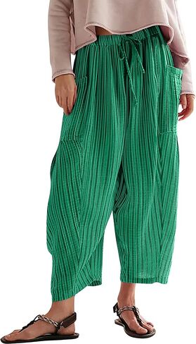 Women Summer Striped Harem Pants Casual Baggy Wide Leg Tapered Trousers Drawstring Waist Palazzo Pants with Pockets Green in Saudi Arabia