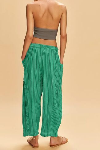 Women Summer Striped Harem Pants Casual Baggy Wide Leg Tapered Trousers Drawstring Waist Palazzo Pants with Pockets Green in Saudi Arabia