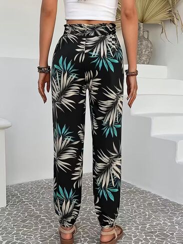 Women's Jogger Pants, Elastic High Waist Tropical Leaf Print Loose Casual Summer Daily Lounge Resort Long Trousers in Kuwait