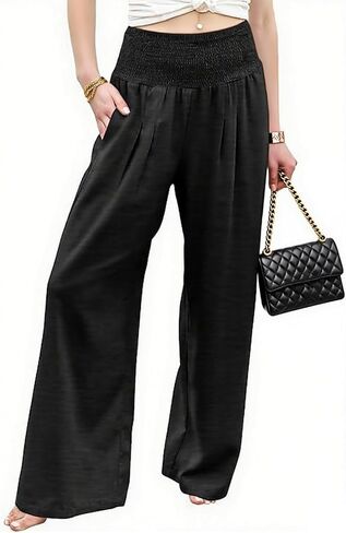 Women's High Waisted Wide Leg Palazzo Pants for Casual - Trousers Flowy Pants with Pockets Beach Lounge Trousers in Saudi Arabia