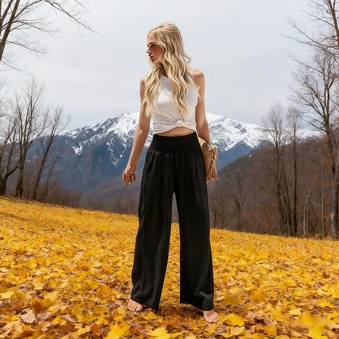 Women's High Waisted Wide Leg Palazzo Pants for Casual - Trousers Flowy Pants with Pockets Beach Lounge Trousers in Saudi Arabia