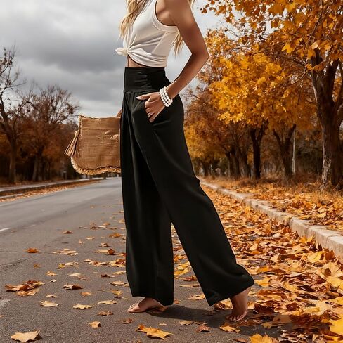 Women's High Waisted Wide Leg Palazzo Pants for Casual - Trousers Flowy Pants with Pockets Beach Lounge Trousers in Saudi Arabia