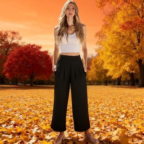 Women's High Waisted Wide Leg Palazzo Pants for Casual - Trousers Flowy Pants with Pockets Beach Lounge Trousers in Saudi Arabia