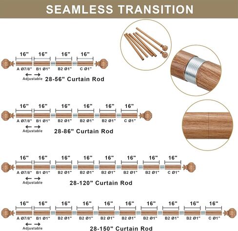 Windows Curtain Rods 28 to 56 Inch, 1 Inch Diameter Adjustable Heavy Duty Curtain Rod with Solid Aluminum Alloy Brackets, Single Decorative Drapery Rod for Sliding Glass Door, Living Room, Wood Grain in Saudi Arabia