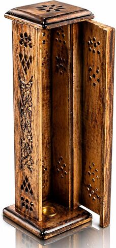 Wood Incense Stick & Cone Burner Holder Tower Large Organic Eco Friendly Ash Catcher Agarbatti Holder Rustic Style Hand Carved for Meditation Yoga Aromatherapy Home Fragrance Products in Kuwait